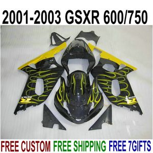 Perfekt passform för Suzuki GSXR600 GSXR750 2001-2003 Plastmissor Set K1 01 02 03 GSX-R 600 750 Gula flammor Svart Fairing Kit DB8