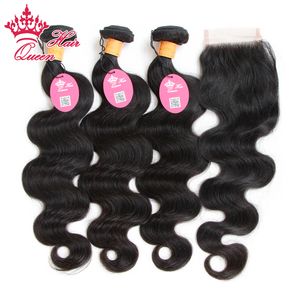 Queen Hair Indian Virgin Hair With Closure 4Pcs Lot Hair Bundles With Lace Closures 100% Unprocessed Indian Body Wave With Closure