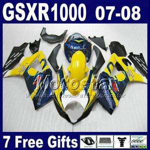 Gratis frakt Fairing Kit för 07 08 GSXR 1000 SUZUKI GSXR1000 2007 GSX-R1000 2008 Blue Yellow Corona Bodywork Fairings K7 FD26 + SEAT COWL