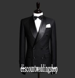Double-Breasted Side Slit Black Groom Tuxedos Shawl Lapel Groomsmen Mens Weddings Prom Business Suits (Jacket+Pants+Girdle+Tie) NO:2599