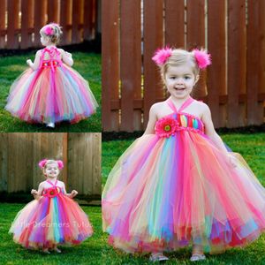 Färgglada Rainbow Flower Girls Dresses Halter Neckline Ankel Längd Färgad Tulle Boll Gown Little Kids Baby Girls Pageant Dress Party Gowns