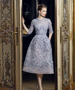 2020 Elie Saab Beautiful Applique Lace A-Line Formal Evening Dresses 3 4 Long Sleeve Tea Length Sexy Party Prom Dress Gowns Exquis2484