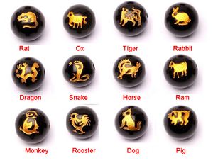 Ingrosso Genuine Black Onyx agata intagliato dorato dello zodiaco cinese animali Segni della pietra preziosa 12 fascini Birthstone Jewelry branello DIY (4 formati 12 Perle)
