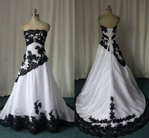 Black and White Gothic Wedding Dresses Real Images Strapless Lace Appliques Sweep Train Corset Back Custom Made Plus Size Bridal Gowns