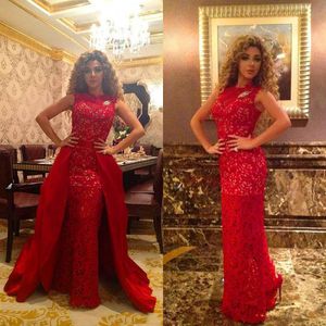 Gorgeous Myriam Fares Dress Sheath Column Lace Sleeveless Floor Length Evening Dresses Formal Prom Gowns Detachable Ruffled Skirt Red