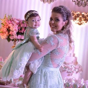 Elegancka Niebieska Koronka Wieczór Suknia Z Długim Rękawem Prom Dresses Długość Długość Dresses Party Wieczór Niestandardowa Matka Córka Sukienka Vestidos de Fiesta