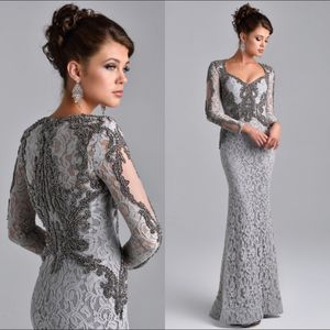 Modest Beading Lace Evening Dresses Silver Grey Mermaid Lace Mother of the Bride Dress Custom Long Sleeves Floor Length Party Gowns