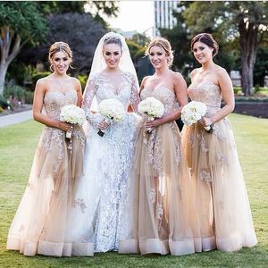 Vintage Champagne Bridesmaid Dresses A Line Sweetheart Neck Sleeveless See Through Tulle Long Formal Gowns Wedding Party Maid of Honor