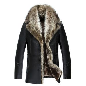 メンズシープスキンレザージャケットコート冬用ジャケット本物のアライグマファーカラースノーオーバーコート温かい厚いアウトウェア高品質の大規模4xl