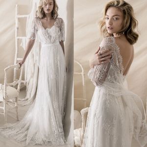 Romantiska Bohemian Bröllopsklänningar med Wrap Soft A Line Stropless Bridal Gowns Lihi Hod Full Lace Bröllopsklänning Vestidos de Novia