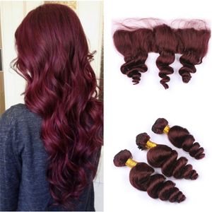 Brazilian Burgundy Hair Weaves With Lace Frontal Loose Wave 99J Wine Red Virgin Human Hair 3 Bundles With Lace Frontal Closure