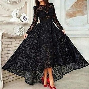 Vestido Black Long A Line Elegancki Prom Dress Dress Crew Neck Długi Rękaw Koronki Hi Lo Party Suknia Specjalne okazje Suknie wieczorowe