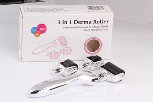 3 em 1 Derma Roller, 3 cabeças de rolo separadas de agulha diferente contagem 180c / 600c / 1200c punho de prata rolo de cabeça preta rolo tratamento de cicatriz