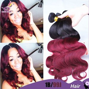 7a Ombre Burgundy Hair Body Wave 1B 99J Ombre Malaysisk Virgin Hair Body Wave Hair Ombre Weave 4 st Lot Våt och Vågig 100 Mänsklig Hårvävning