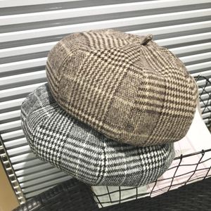 2017 inverno woolen xadrez beret chapéus para mulheres tweed retro artista pintor tampas houndstooth gorros octogonal chapéu