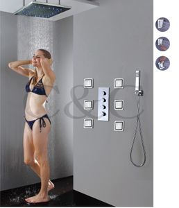 큰 물 흐름 뜨기 및 차가운 욕실 샤워 수도꼭지 20 인치 LED 3 색 온도에 민감한 강우 샤워 헤드 008-20-6MF
