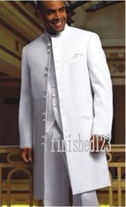 Fashionable More Buttons Long White Groom Tuxedos Stand Collar Groomsmen Best Man Wedding Prom Dinner Suits (Jacket+Pants+Vest+Tie) G5198