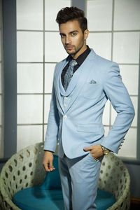 Przystojny Slim Fit One Button Light Blue Groom Tuxedos Piękny Groomsman Mężczyźni Formalne Mężczyźni Prom Dinner Garnitury Biznesowe (Kurtka + Spodnie + Kamizelka + Kamizelka)