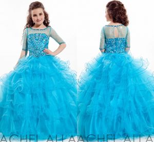 Rachel Allan New Crystal Bead Children Wedding Dress for Girls Half ärmar Tiered Beauty Little Girl's Pageant Gowns HY00404