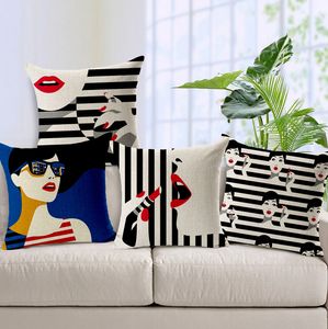 Mode Kvinnor Kuddehölje Sexiga Röda Läppar Pillow Case Svartvita Stripes Almofadas Kosmetiska Funda Cojin