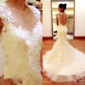 Vintage Bridal Dress China Mermaid Wedding Dresses Illusion Neckline Cap Sleeves Lace Appliques Soft Tulle Bridal Gowns with Sheer Back