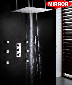 斜線と降雨バスルームバスシャワーセット20インチ風呂Ceilマウントシャワーヘッドサーモスタットミキシング蛇口バルブ009-20QMI-F