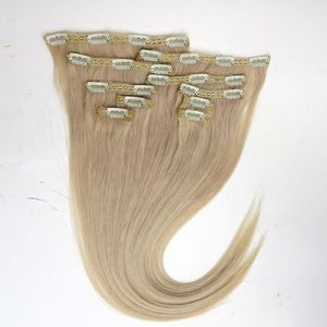 120g 10 sztuk / 1 zestaw Clip in Hair Extensions 18 20 22inch 613 # / Bleach Blond Proste Remy Human Hair Top Quality