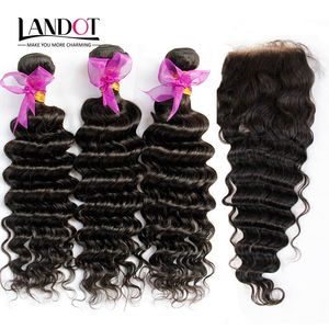 Peruvian Virgin Hair Deep Wave With Closure 8A Unprocessed Curly Human Hair Weaves 3 Bundles And 1Pcs Top Lace Closures Natural Black Wefts