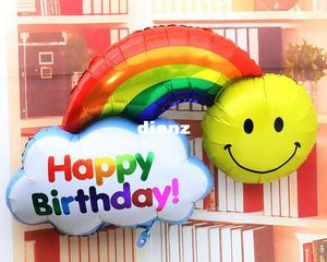 98 * 65cm folie ballonger dubbel sida grattis på födelsedagen bröllop dekoration stor storlek leende ansikte regnbåge globos bollar har en trevlig dag