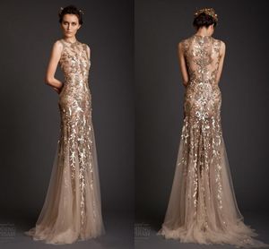 Krikor Jabotian Evening Dresses Classic Gold Mermaid Shape Tulle Sheer See Through Appliques Prom Dress Emboridery Long Formal Dubai Dress