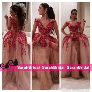 Myriam Faras 2019 Celebridade Vestidos de Bola Militar Dois Peças V Pescoço Red Lace Lantejoulas Nu Tulle Mulheres Vestidos Árabes Formal Noite