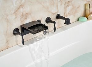 Wandmontierter Wasserfall-Badezimmer-Wannenhahn, mit Öl eingeriebener Bronze-Wannenmischer, 3 Griffe, 249 W