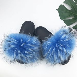 Hot Sale-Tofflor Real Fox Fur Women 2019 Sliders Casual Fox Hår Fluffig Mode Hem Sommar Stor Storlek 45 Furry Flip Flops Skor