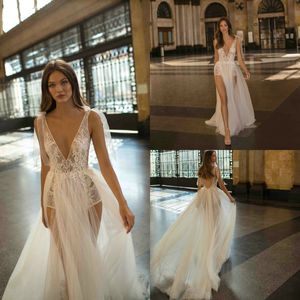 Berta 2019 A Line Wedding Dresses Sexy Sheer V Neck Backless Lace Bridal Gowns High Side Split Wedding Dress Vestido De Novia