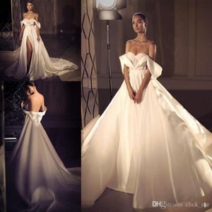 A Satin Backless Line Dresses With Detachable Train Off Shoulder Front Split Vestidos De Novia Plus Size Bridal Gowns Wedding Dress