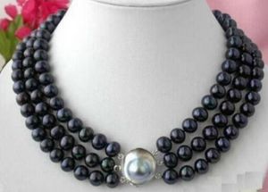 Gratis frakt + 3 Row 8-9mm Svart Tahitian Pearl Necklace 16-18 tum Skallås