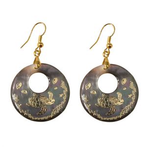 Round Printed Turtle Charm Hook Earring Natural Black Shell with Gold Foil Womens Jewelry 5 Pairs