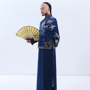 Offizielles Kostüm der Qing-Dynastie, Baumwoll-Leinen-Jacke + langes Kleid. Reicher junger Meister, Herrenkostüm, Leistung, Old Shanghai Tang, feine Verarbeitung