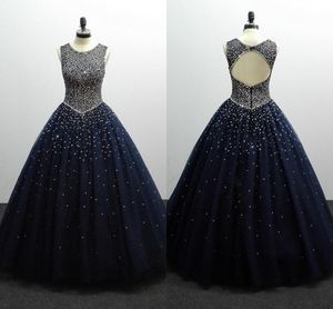 2019 Navy Blue Quinceanera Dresses Pearls Beaded Sequin Jewel Sheer Neckline Backless Ball Gowns Prom Graduation Dress For College 8th Grade