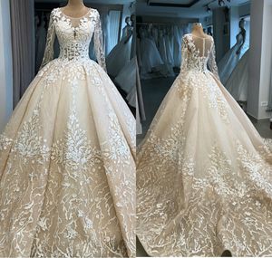 Gorgeous Floral Wedding Dresses Jewel Sheer Long Sleevel Lace Appliqued Bridal Gown Tulle Court Train Custom Made Robes De Mariée Hot Sell