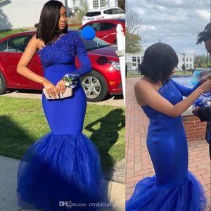 New Sexy Black Girls Royal Blue Prom Dresses Mermaid One Shoulder Long Sleeves Lace Appliques Beads Floor Length Formal Evening Party Gowns