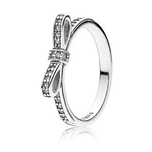 Klasik Bow Halka Kadınlar CZ elmas Alyans Pandora 925 Gümüş yay düğüm HALKASI Kız Takı için Orijinal Kutusu setleri