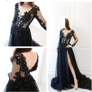 Appliques neri Scollo a V con paillettes Gamba alta Abiti da sera a trapezio Abiti da ballo Lunghezza del pavimento Vestido de noiva Abito maxi formale su misura