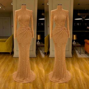 2020 Glitter Custom Made Formal Evening Party Dresses High Collor Sequined Beaded Prom Klänning Långärmad Sweep Train Billiga Party Gown