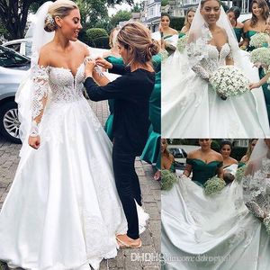 Sexy weiße A-Linie Brautkleider mit langen Ärmeln, schulterfrei, Spitze, Applikationen, Hofzug, Brautkleid, Brautkleider, Vestidos De Noiva