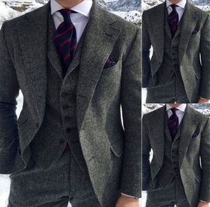 Men's Grey Herringbone Wool Suits 3 Piece Tweed Blend Vintage Peaky Blinder Groom Dress Tuxedos Prom Suit (Jacket+Pants+Vest)