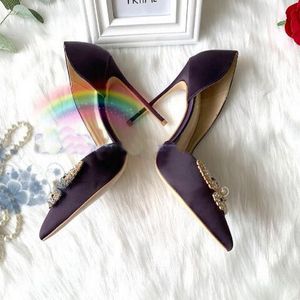 Hot Sale-Kvinnor Pumpar Lila Silk Satin Stiletto Heel Pekad Toes Pearl Diamond Butterfly Spänne Högklackat Kvinnor Party Skor Storlek 45