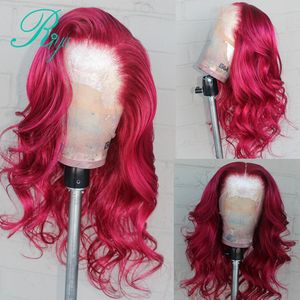 150% невидимый Красный объемная волна синтетический парик фронта шнурка Preplucked бразильские волосы бордовый / винно-красный парики для чернокожих женщин