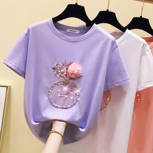 Damen T-Shirt Sommer rosa T-Shirt Frauen Tops Kawaii weißes T-Shirt koreanische Kleidung Kurzarm lässig lila Pailletten Diamant T-Shirt