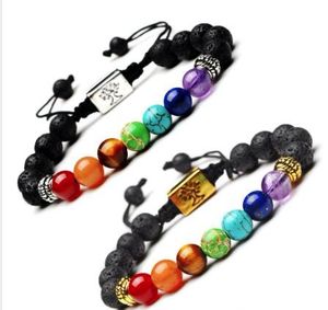 Pulseiras de amuleto de árvore da vida com 7 chakras feitos à mão de ioga Pedras de lava Contas multicoloridas Pulseira de corda Pulseiras femininas masculinas Bangles